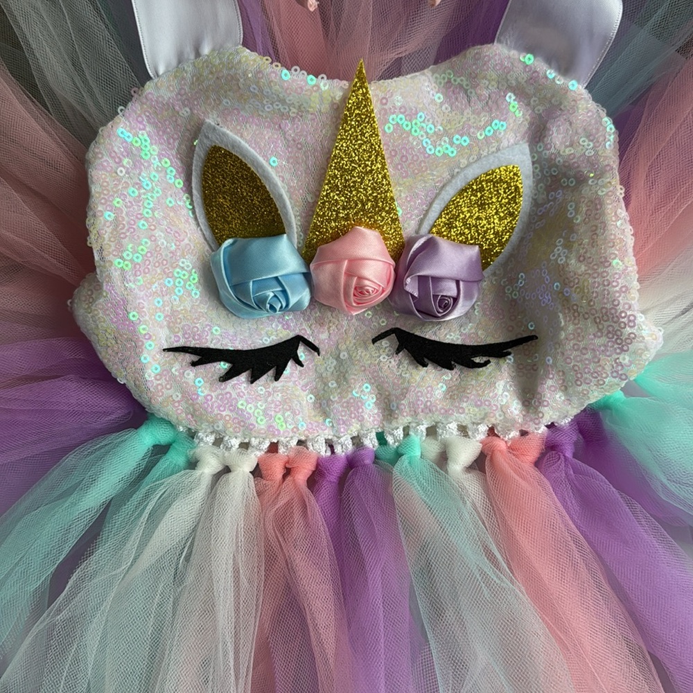 🦄 Unicorn Tutu Dreams Toddler Girls Dress with Pastel Tulle / Tie Neck Sz 3-4 - Picture 3 of 11